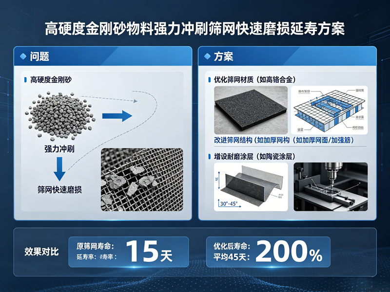 高硬度金剛砂物料強(qiáng)力沖刷篩網(wǎng)快速磨損延壽方案