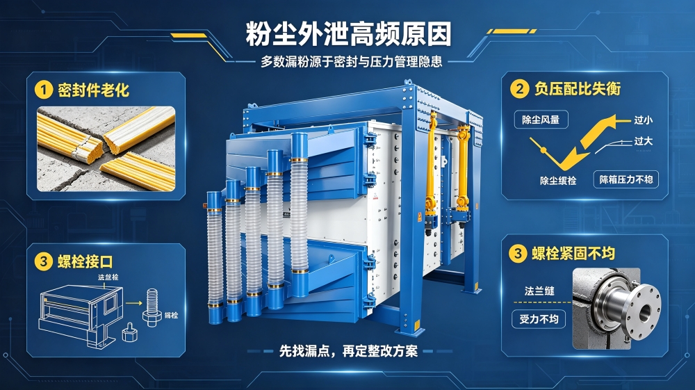 方形搖擺篩粉塵外泄？方形搖擺篩廠家教你規(guī)范整改