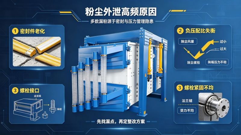 方形搖擺篩粉塵外泄？方形搖擺篩廠家教你規(guī)范整改